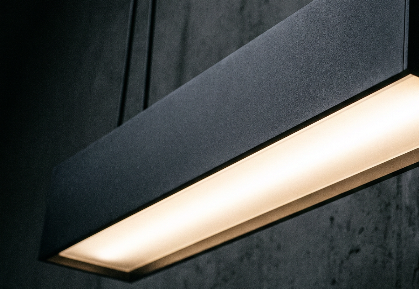 Detalle de una luminaria lineal negra con luz cálida