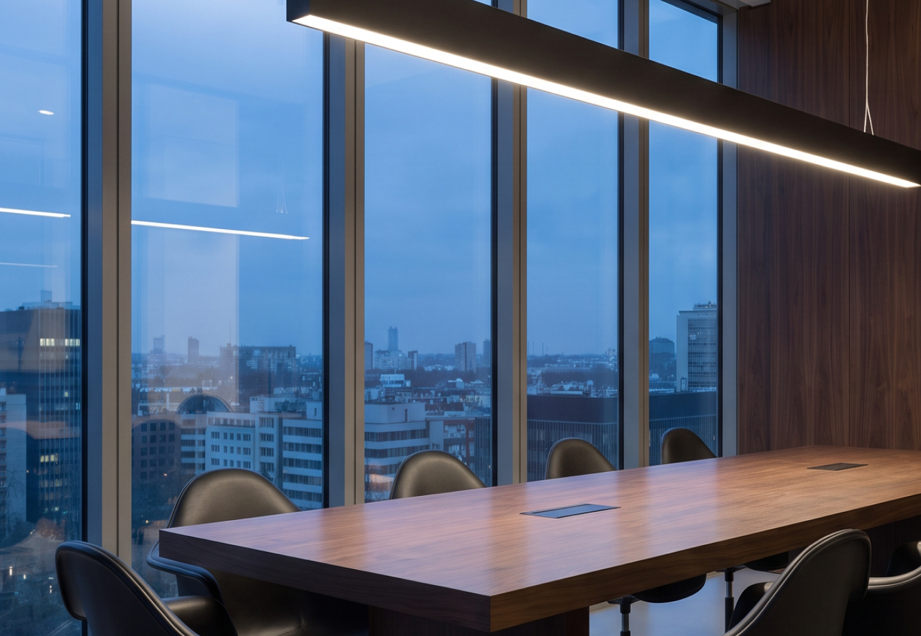 Luminaria suspendida en una sala de reuniones al atardecer