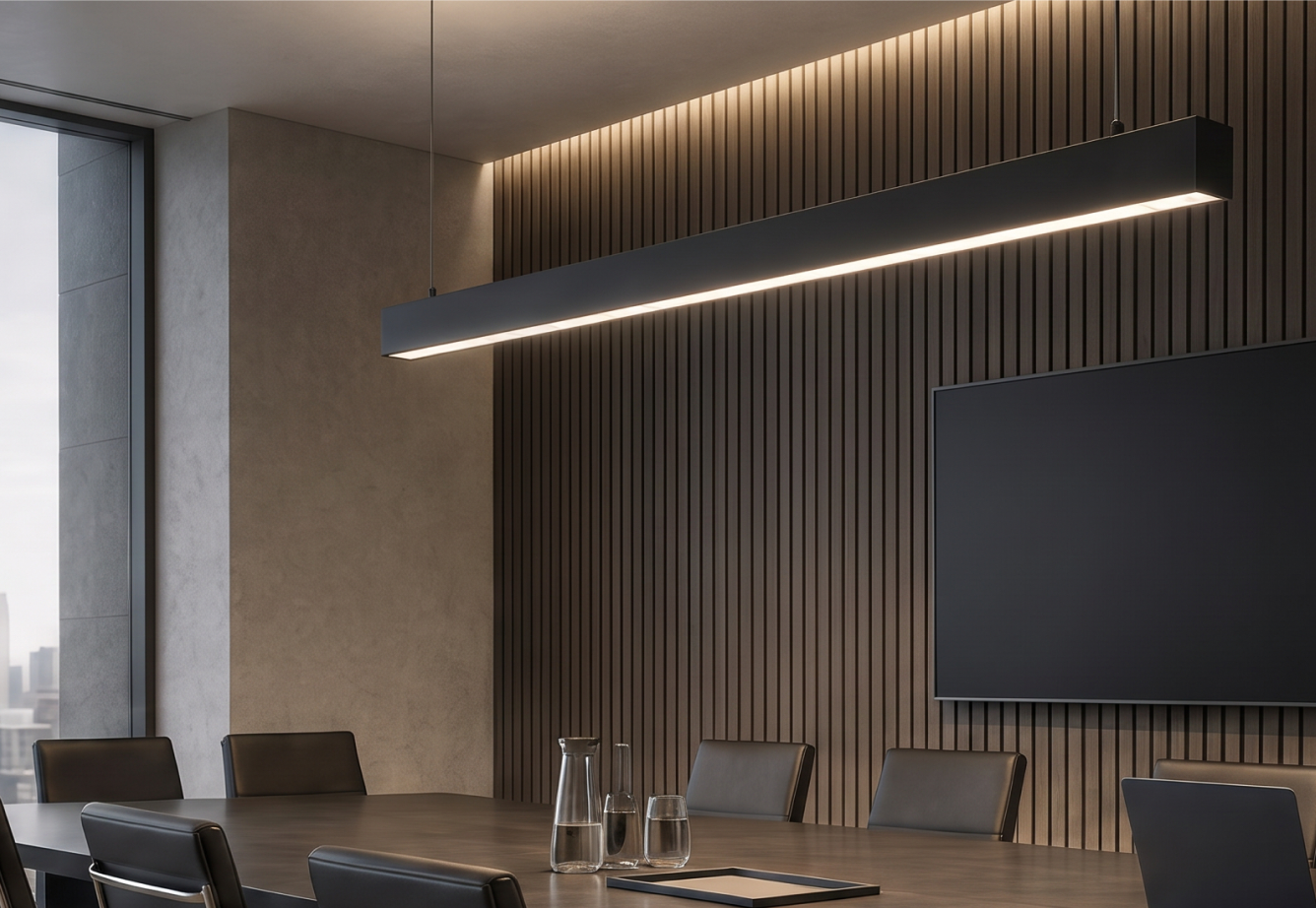 Iluminación lineal en una sala de reuniones con paneles de madera