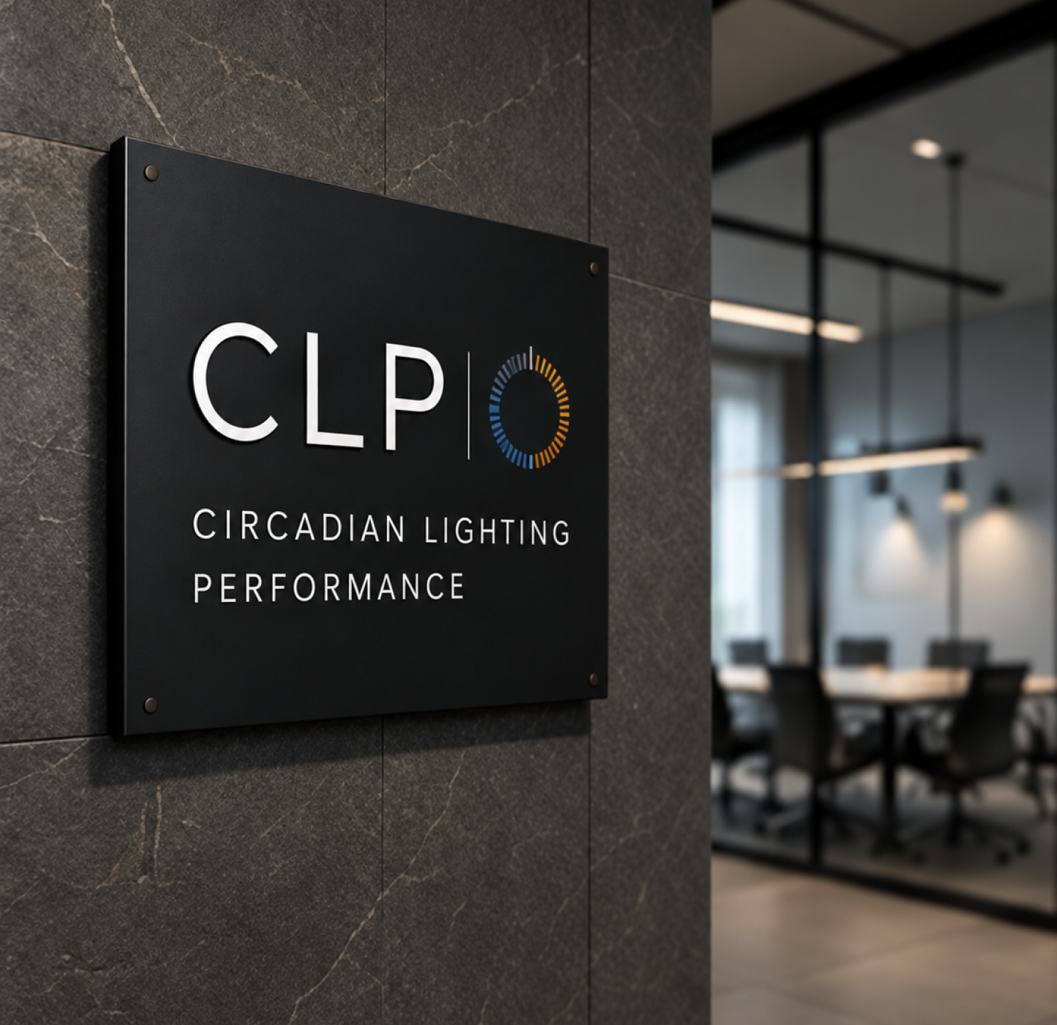 Placa CLP Circadian Lighting Performance en la entrada de una oficina